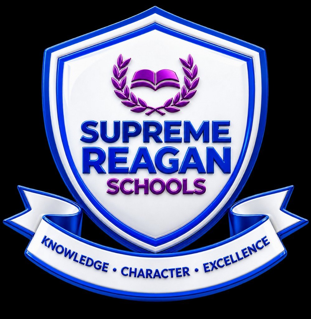 Supreme Reagan Schools crest — Knowledge, Character, Excellence